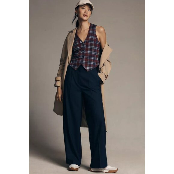 Anthropologie Plaid Vest with Buttons and Back Belt in Navy by Eva Franco - Picture 3 of 4